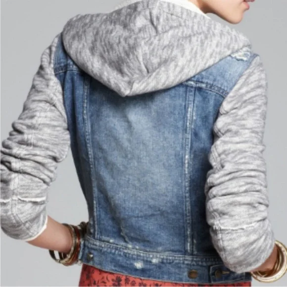Free People Blue Denim Vest with Gray Knit Hood & Sleeves - Picture 2 of 4